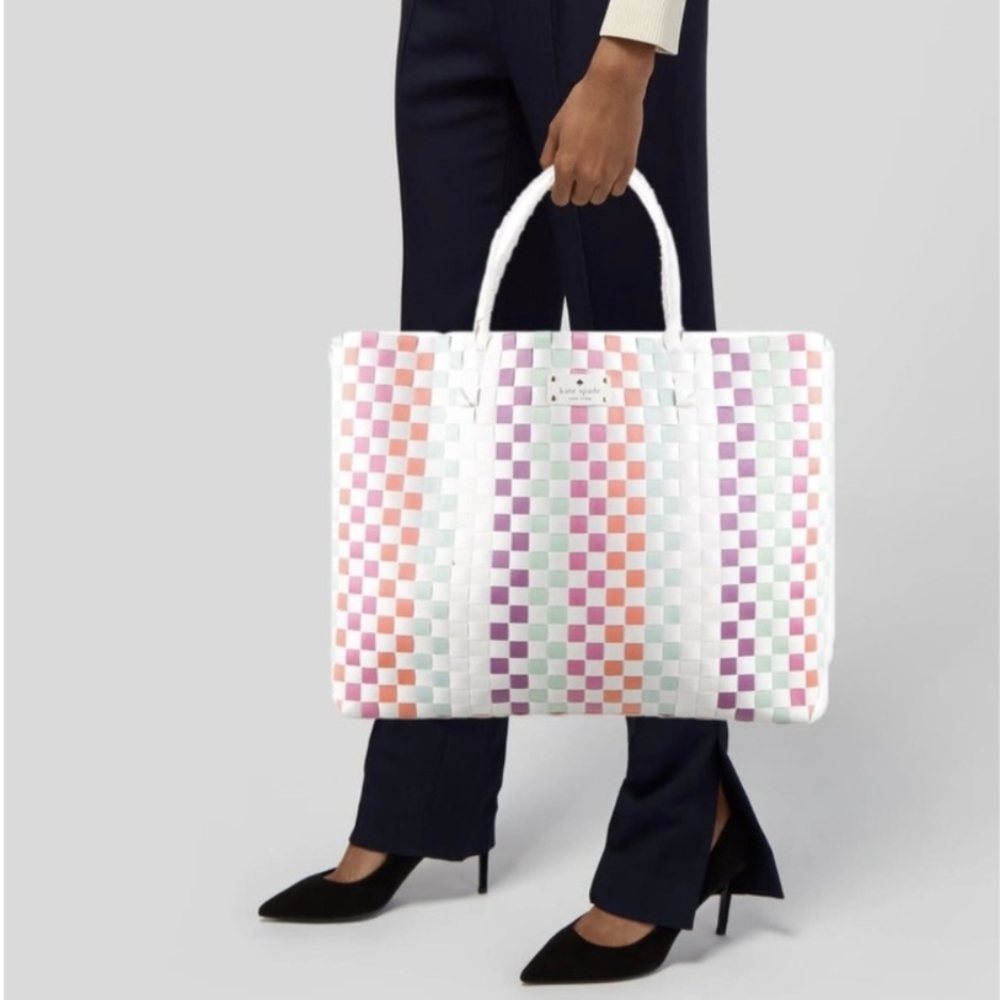 Kate Spade Multicolor Woven Tote Checkerboard Pastel Brights Striped Beach Bag L